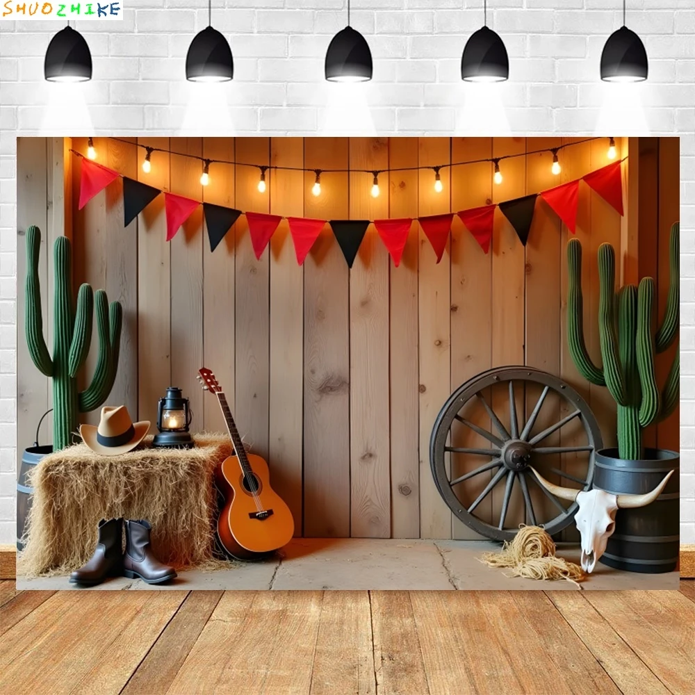 Western Party Photography Backdrop Cactus Haystack Guitar Boots West Cowboy Birthday Party Photo Background Decor Photostudio
