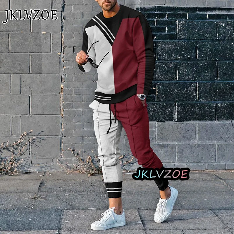 Autumn Fashion Tracksuit For Men Stripe 2 Piece Set Long Sleeve T Shirt+Trousers Casual Suit Sportwear Oversized Male Clothes