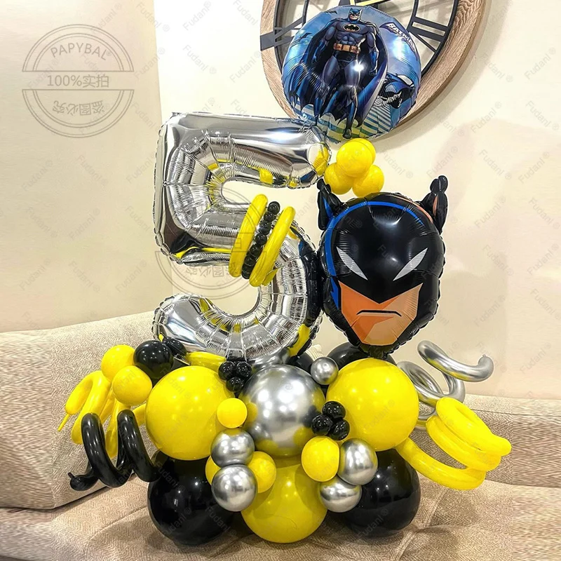 Globos de aluminio con números de Batman en 3D, 48 piezas, amarillo y negro, bola de látex, decoración para fiesta de cumpleaños, suministros para Baby Shower