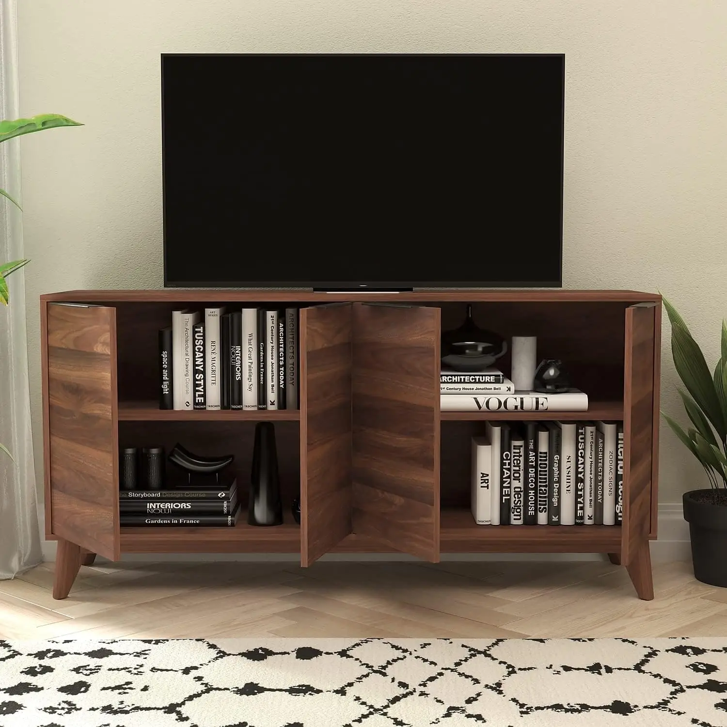 Mid-Century Modern 4 Door Storage Buffet - Dark Walnut Sideboard-60 Inches-Soft Close Doors-Adjustable Shelves