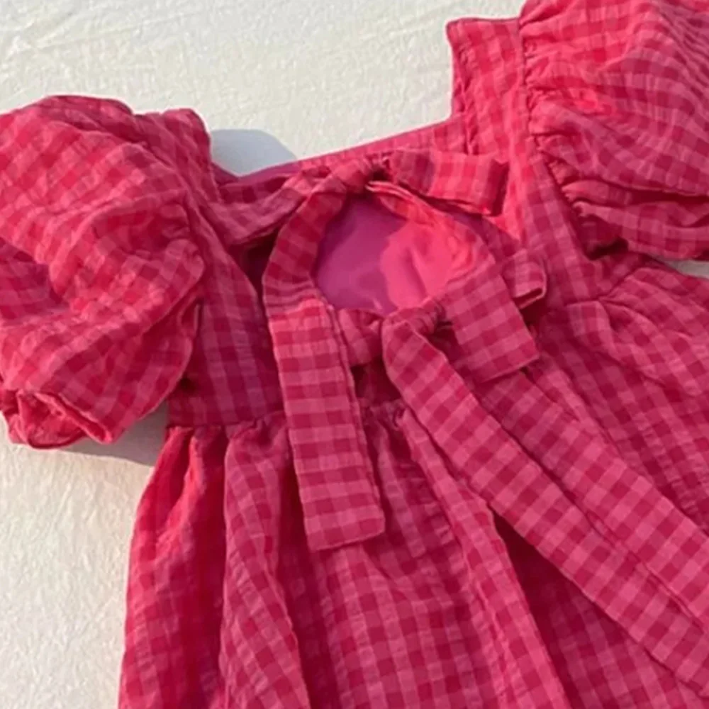 Summer Rose Pink Plaid Bow Dress Elegant Lolita Child Girls Dress Children Dresses Teens Party Princess Sundress Kids Clothes