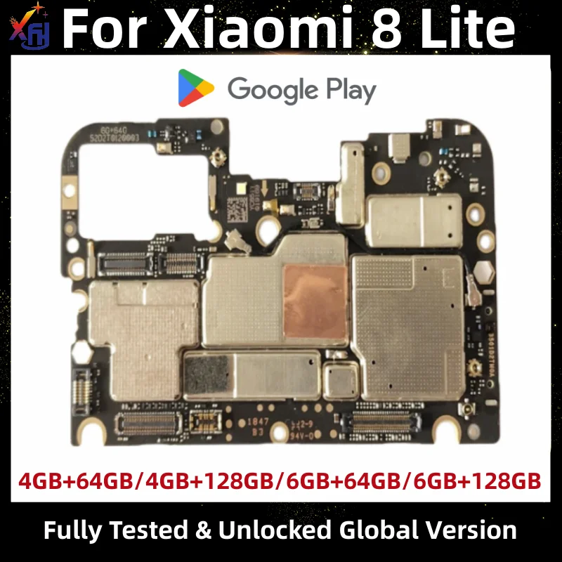 Motherboard for Xiaomi Mi 8 Lite, Mainboard, Global Version, Unlocked Main Circuits Board, Google Installed, 64GB, 128GB