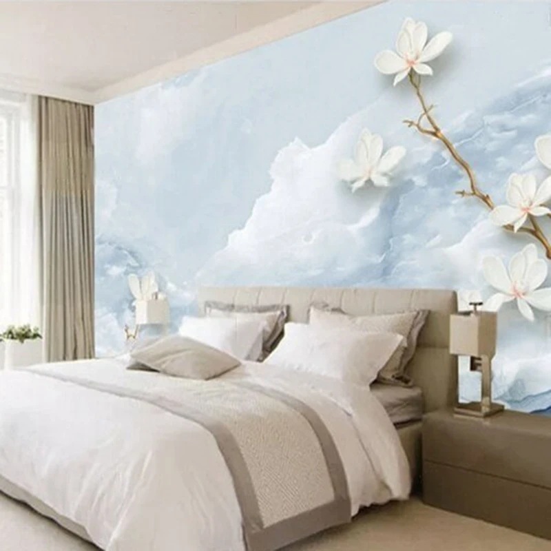 Modern and simple blue fresh sea flower branch relief TV luxurious home decoration background wall