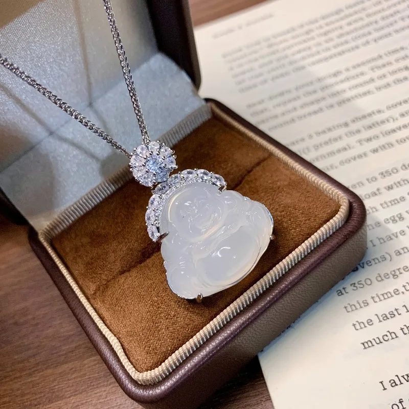 Ice Run White Chalcedony White Ice Buddha Gong Ladies Necklace