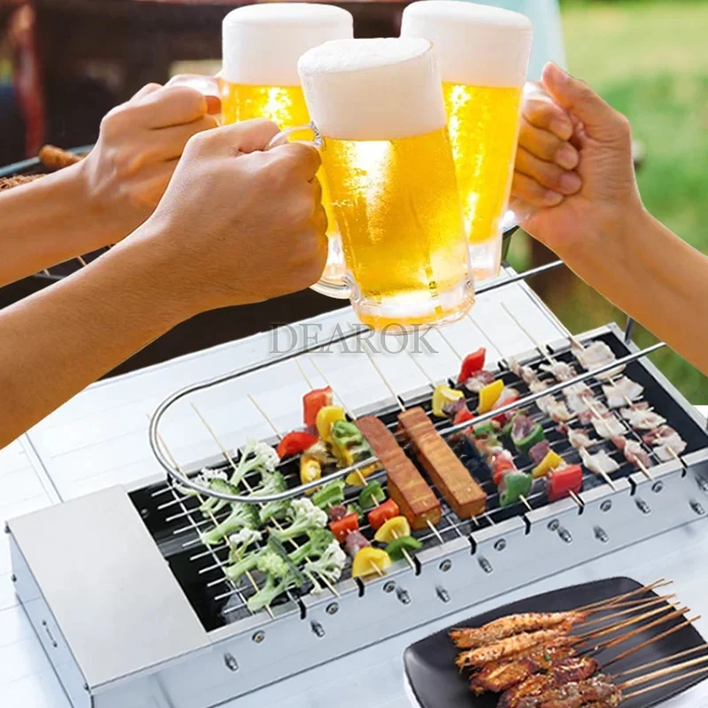 M máquina de churrasco de aço inoxidável ao ar livre portátil grill doméstico automático churrasco kebab máquina rotativa