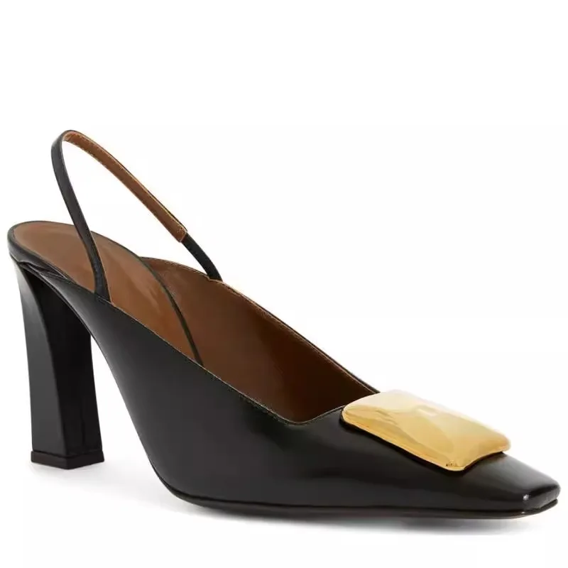 

Metal Buckle Square Toe Mid-Heel Sandals Elegant Back Straps High-Heels French Style Buckle Women Shoes Sandalias Mujer Verano