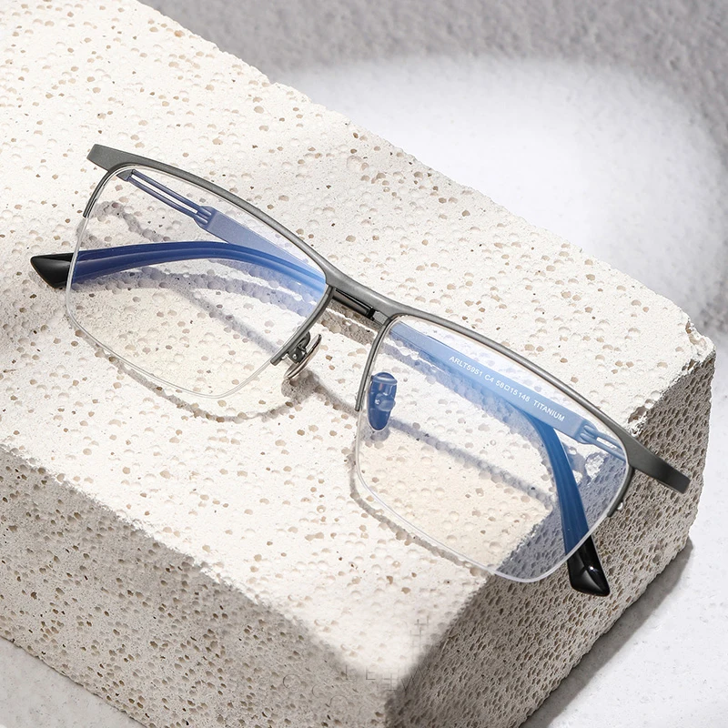 Pure Titanium Business Semi Rimless Glasses Frame for Men Ultralight Rectangle Eyeglasses Blue Light Blocking Eyewear Male
