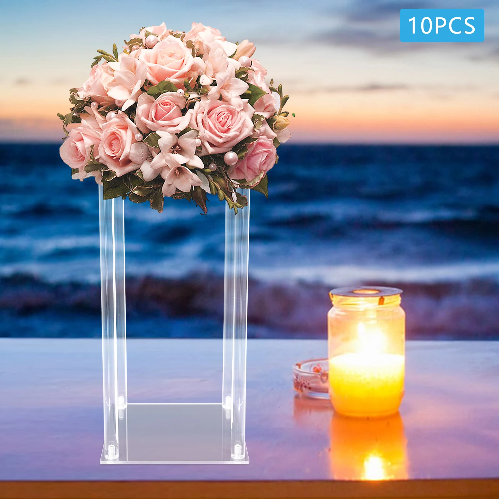 Clear Acrílico Flower Stand para Casamento, Vasos de Flores, Centerpieces, 25*25*60cm, 10PCs