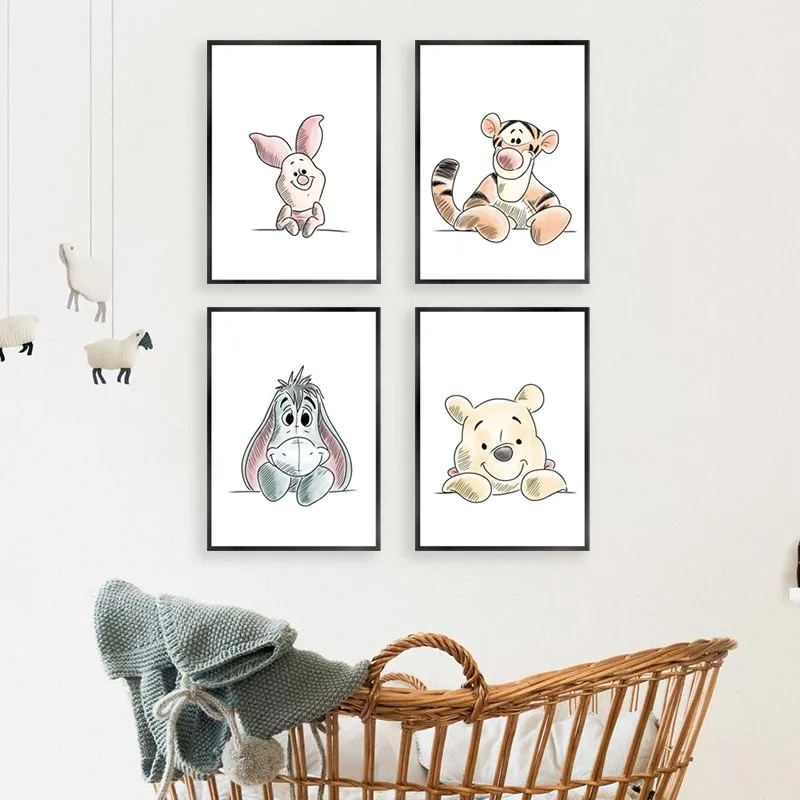 Winnie de Disney the Pooh, impresión minimalista, bonito dibujo de cerdo, obra de arte con acuarela, pintura en lienzo, nuevo regalo para bebé, decoración para habitación de niños