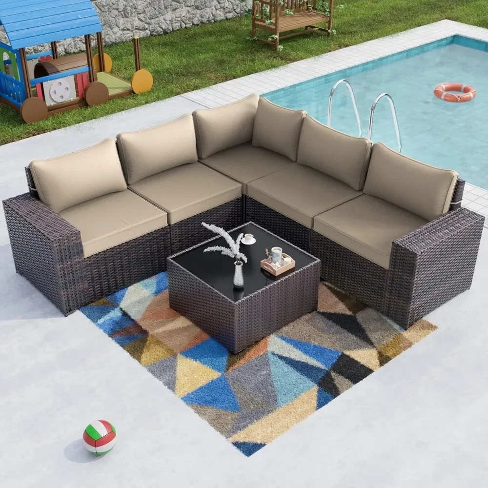 

6PCS Outdoor Patio Furniture Set PE Wicker Rattan Sectional Sofa Patio Conversation Sets, Khaki, Outdoor Sofa Set