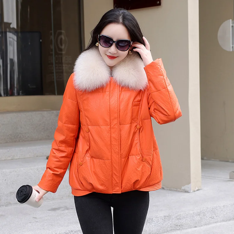 New Women Pink Leather Down Jacket Winter Fashion Warm Real Fox Fur Collar Loose Sheepskin Down Coat Split Leather Thick Coat