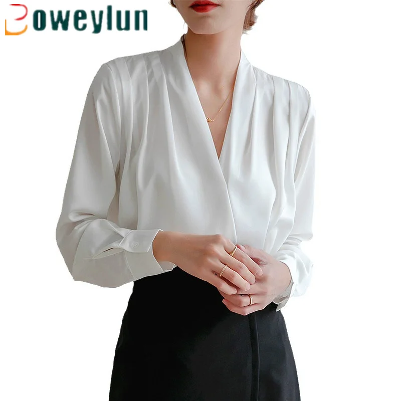 

Boweylun French Style Satin Fabric V-neck Long-sleeved Shirt Spring and Fall Solid Color Women's Shirt