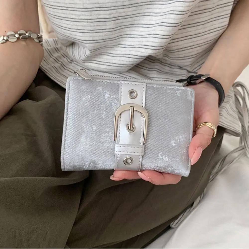 Casual Korean Style Rivet Wallet Metal Buckle Y2k Zipper Card Holder Short Clutch Ultra Thin Coin Purse Women