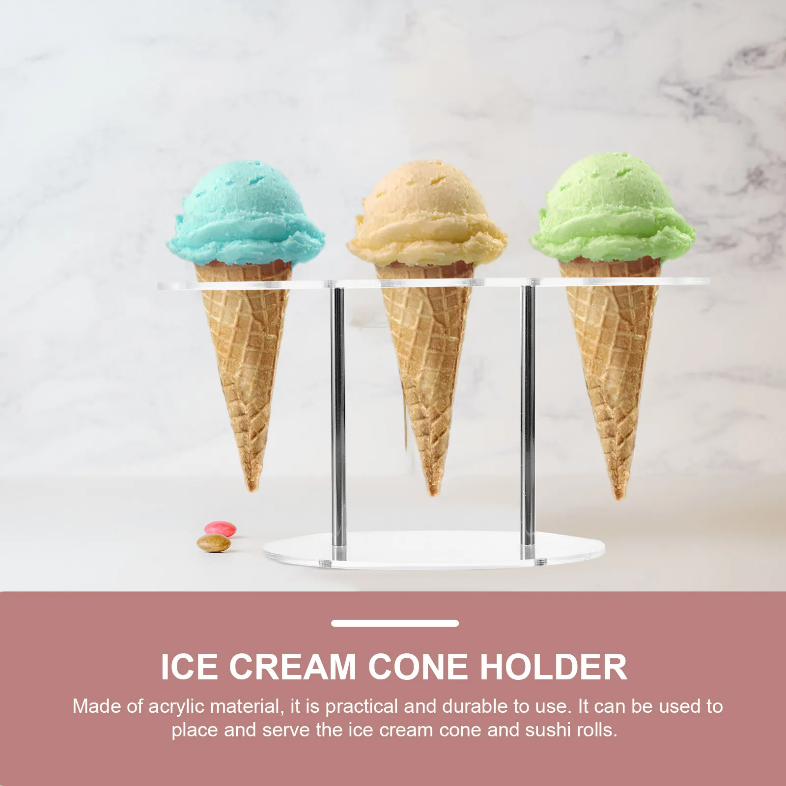 Acrylic Ice Cream Cone Holder – 3-Hole Display Stand for Sushi Rolls, Desserts & Home Serving
