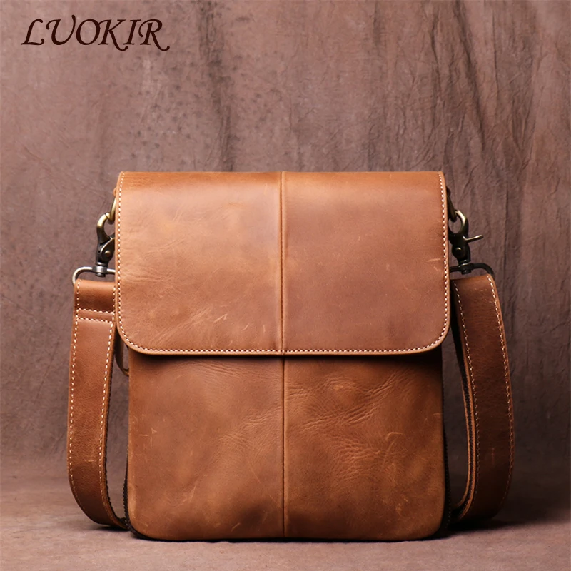 

LUOKIR Vintage Crazy Horse Cowhide Crossbody Bag Men's Genuine Leather Casual Flap Shoulder Messenger Bags For 7.9 Inch Ipad