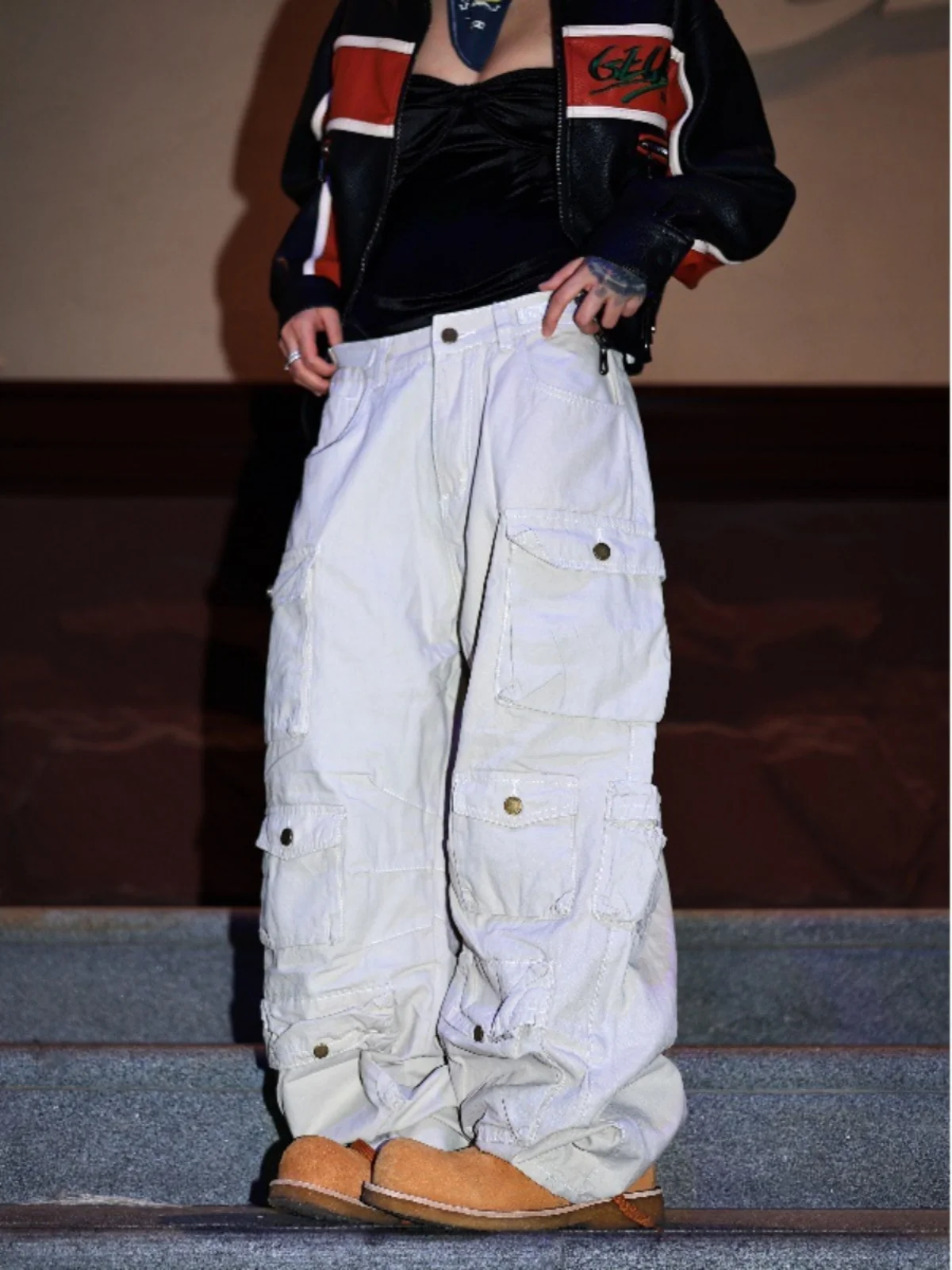 

Retro American Casual Work Pants Multiple kets Loose Wide Leg Straight Cut Trousers for Men And Women Youthful Sle