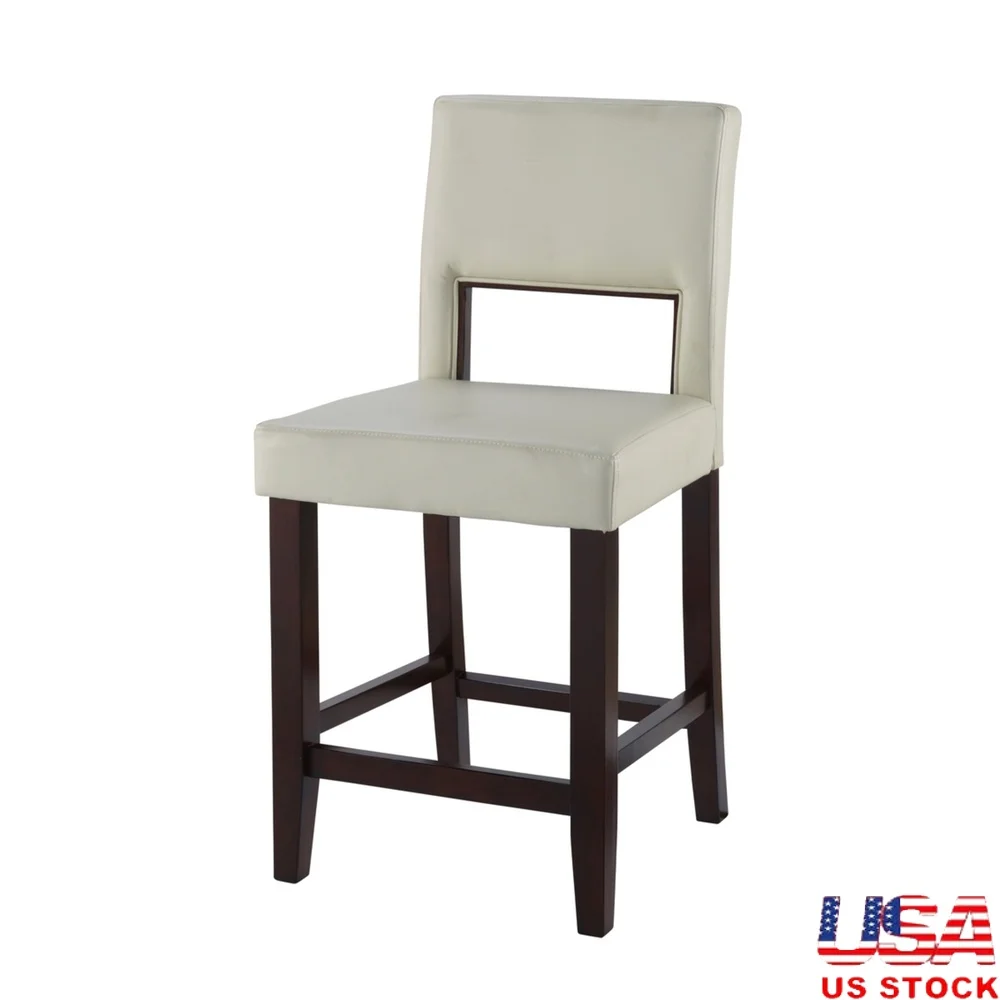 

Contemporary Full Back Wood Counter Stool 24 Inch Seat Height Espresso Frame White Faux Leather Cushioning Built In Footrest
