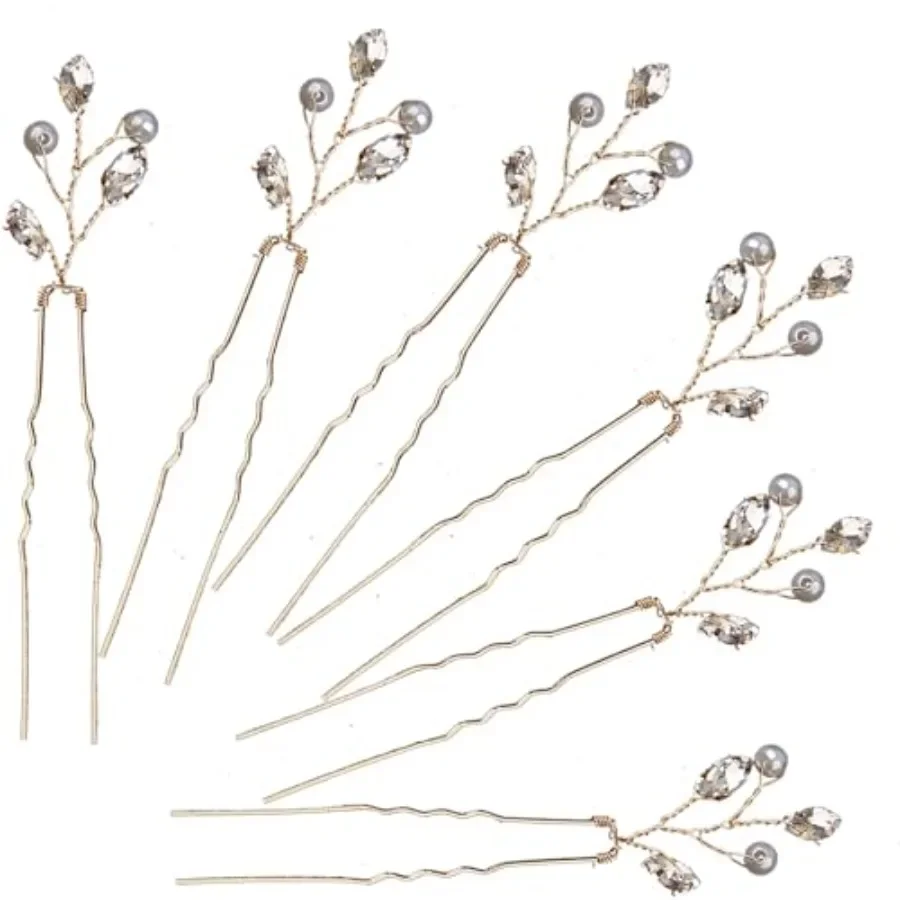 

6PCS Gold Hair Pins with Pearls and Crystals for Women and Girls. U Shaped Rhinestone hair accessories for Daily Use or Various