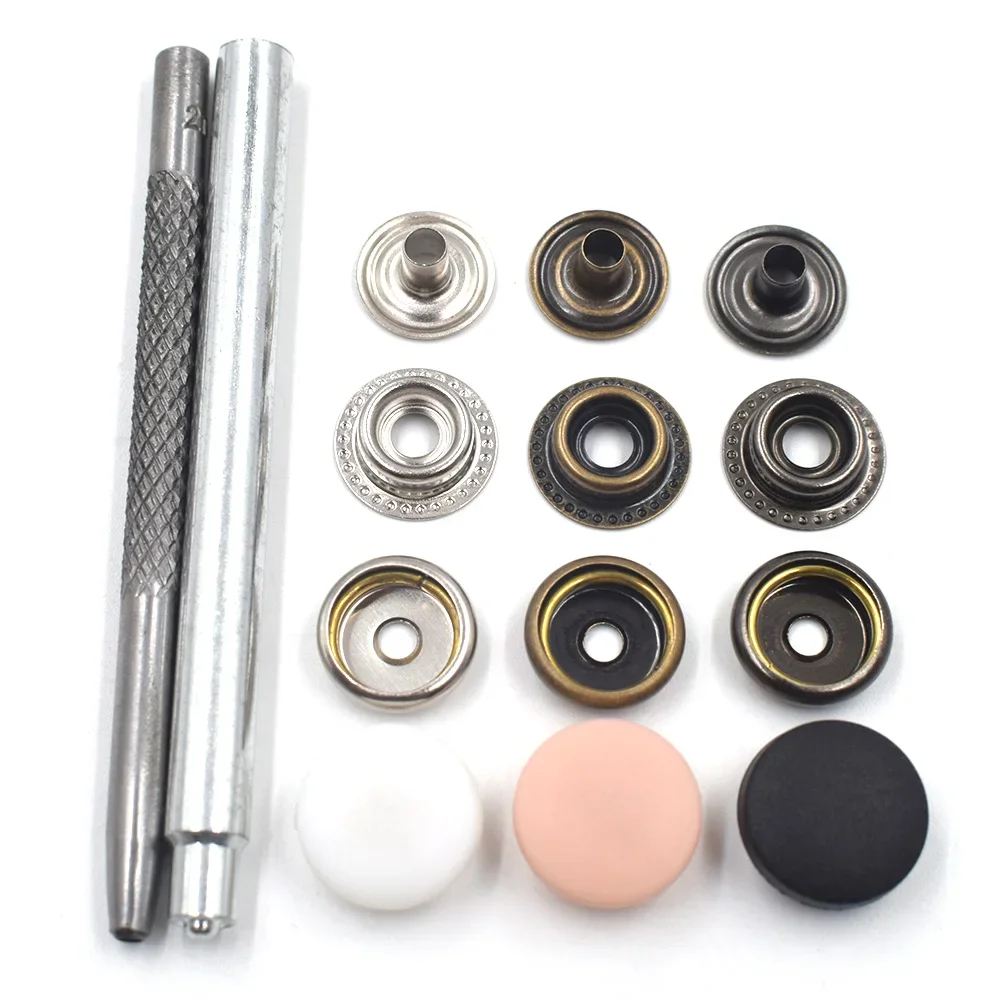 20sets buttons with 2 manual tools, fastener hammer sticks,hole puncher,ring Spring type brass snaps,nylon cap,DIY accessories