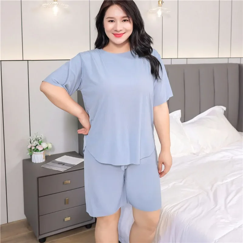 

Ice Silk Short Sleeve Shorts Thin Loose Can Be Worn Outside 100KG Fat Girl Loungewear Set Female in The Summer Extra Large Size
