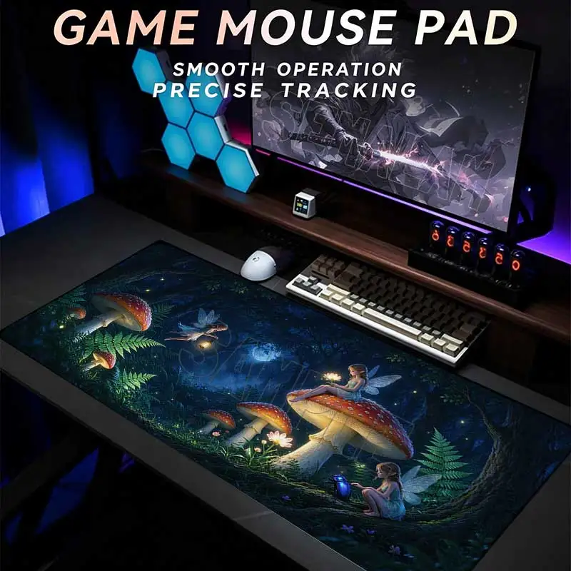 Forest Fairies Mouse Pad Giant Spotted Mushroom Night Moon Fireflies Keyboard Pads Non Slip Rubber Base Playmat for Work Gaming
