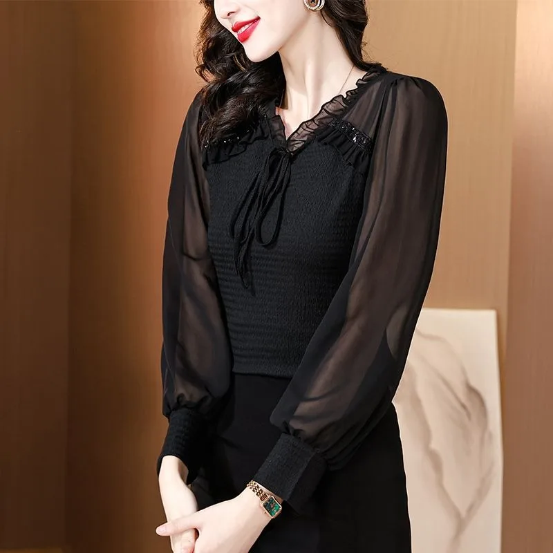 2025 الخريف والشتاء جديد الفرنسية الرجعية الشيفون الخصر الوقوف طوق بلوفر أنيق مزاجه عادية قاع للنساء #1