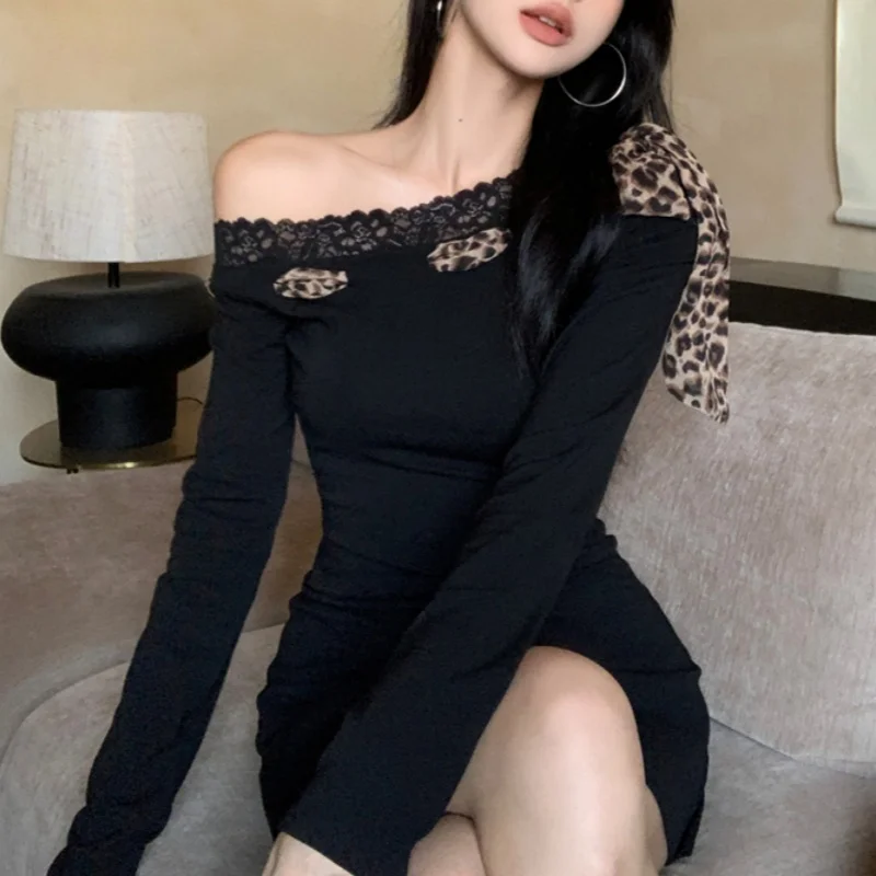 Sexy Dress Women y2k Clothes Leopard Print Lace Trim Off Shoulder Long Sleeve A Line Mini Dress Party Dresses Clubwear