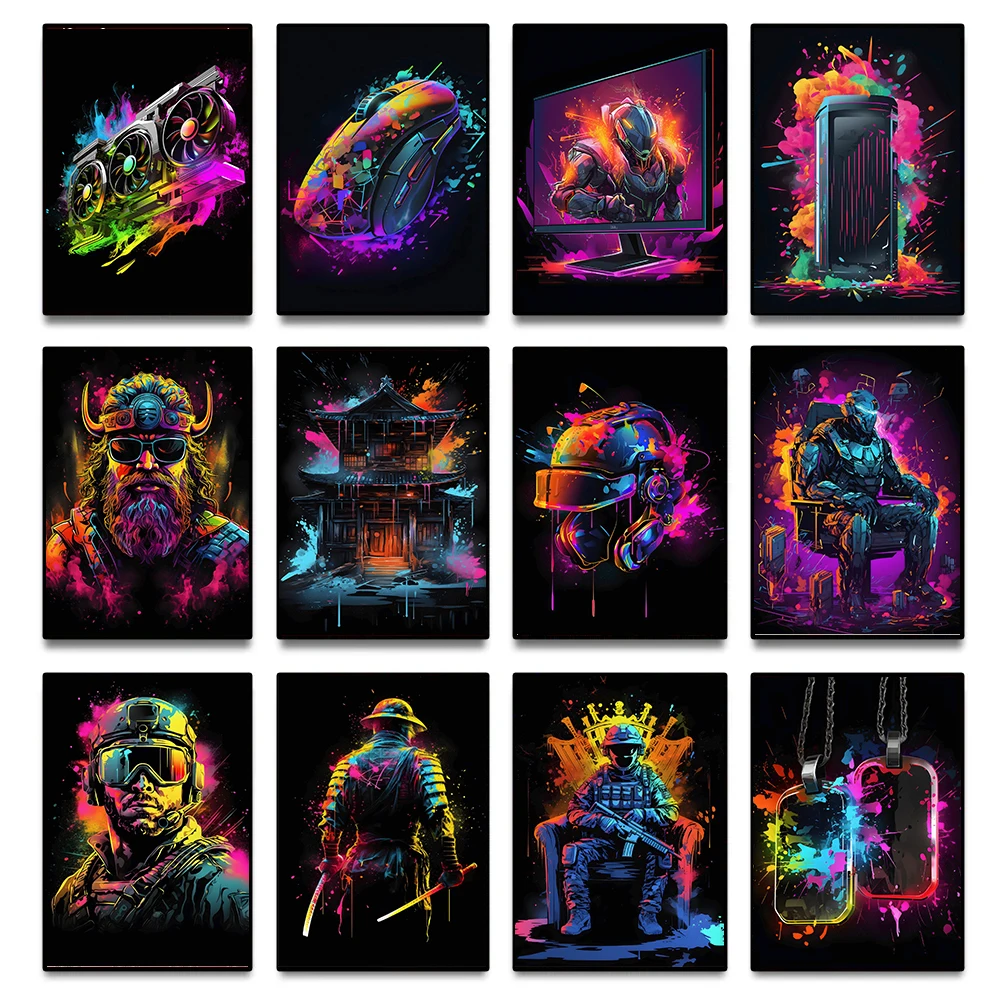 Modern Gaming Murals Colorful Mouse Helmet PC Man House Poster and Canvas Printing Wall Art Picture for Gaming Room Home Decor