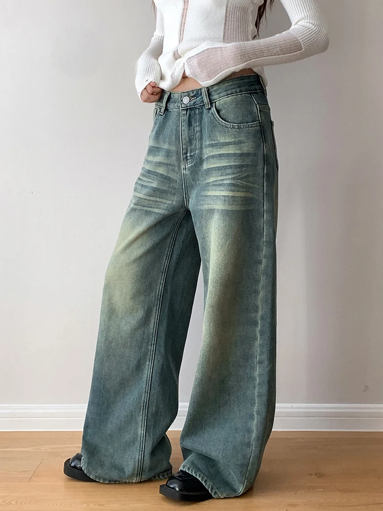 [LANMREM] Vintage Washed Jeans For Women High Waist Straight Wide Leg Denim Pants Streetwear Clothes 2024 Winter New CP3462