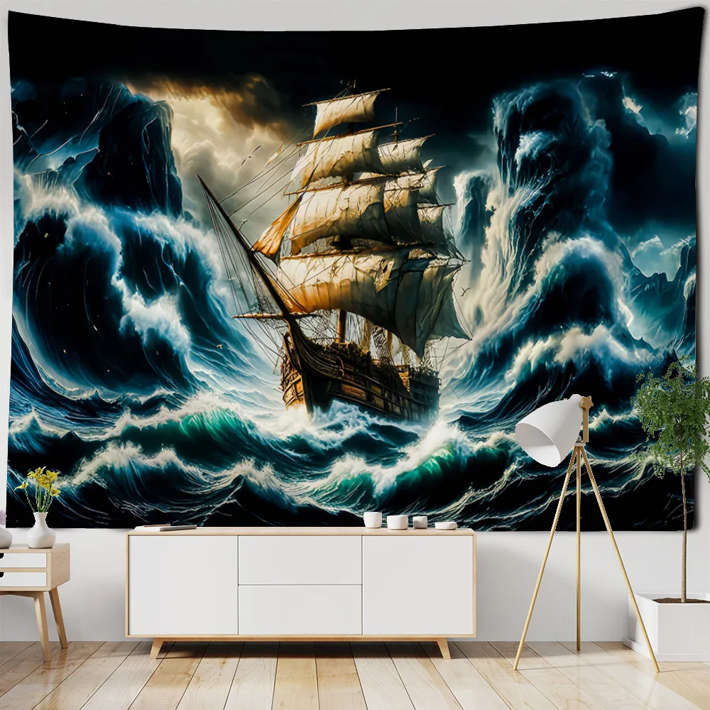 Wave pirate ship tapestry, ocean oil painting, wall hanging, dreamy landscape, starry sky, home decoration, room hanging cloth