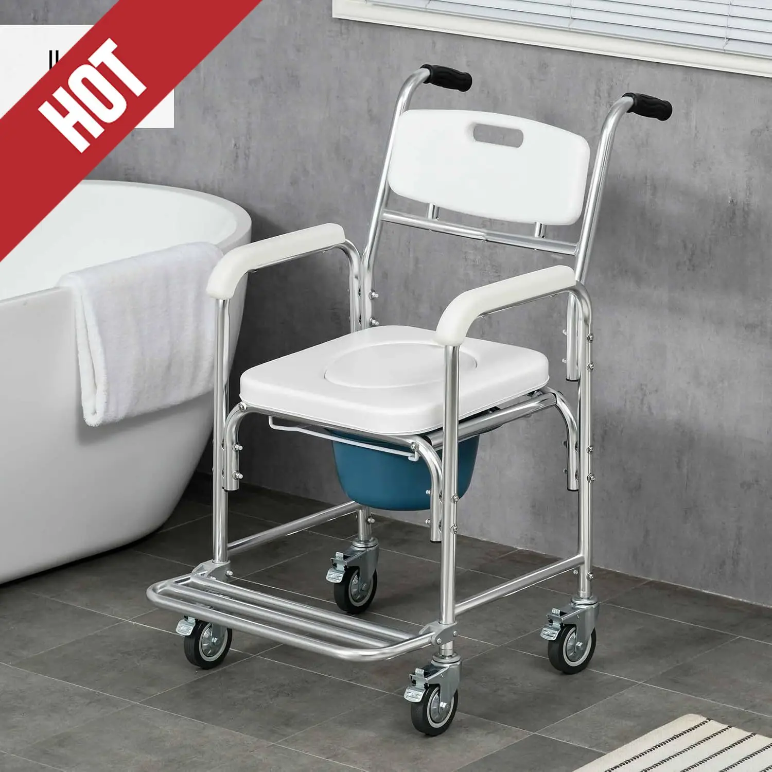 3-in-1-Duschtoiletten-Rollstuhl, Transport neben dem Toilettenstuhl, wasserdichter rollender Toilettenstuhl mit 330 Pfund, weiß, individuell anpassbar