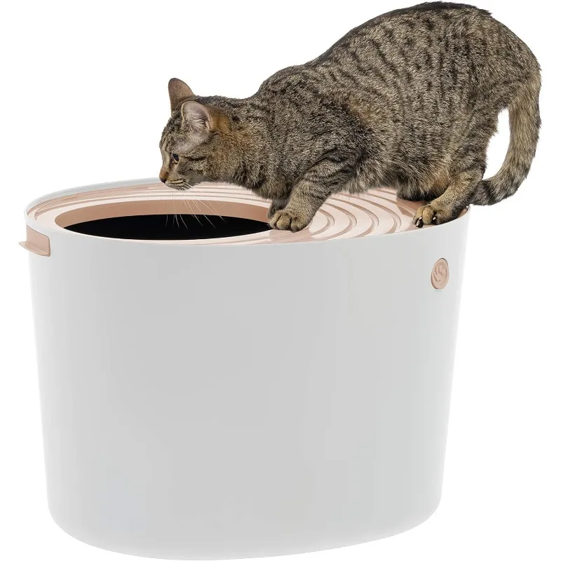 

USA Cat Box, Top Entry Box with Scoop, Stylish Round Cat Box Enclosure, Kitty Box, White/Beige