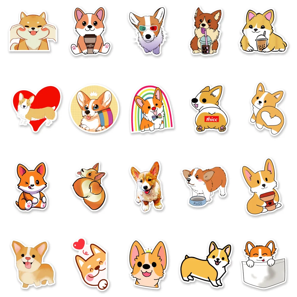 Pegatinas de dibujos animados serie Corgi Pet para equipaje, portátil, IPad, diario, casco, impermeables, venta al por mayor, 10/30/50 piezas