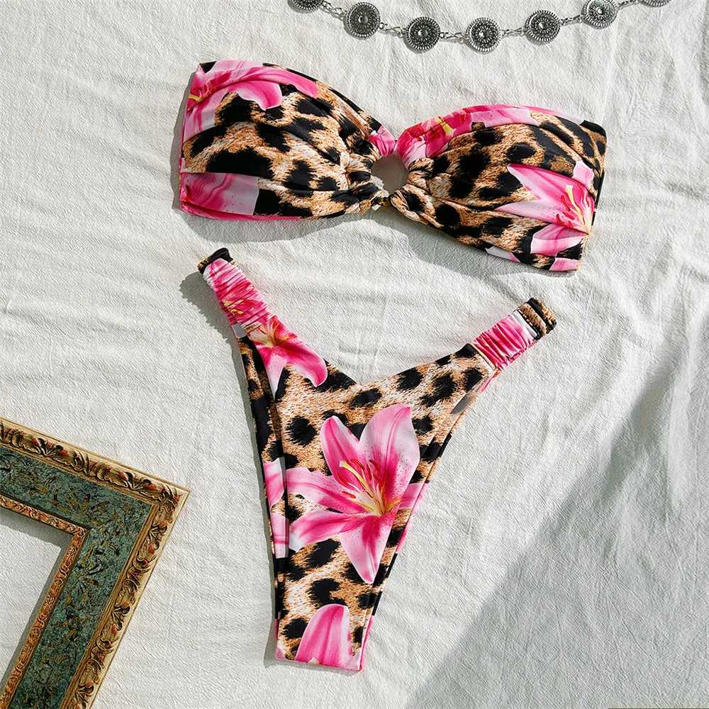 

Leopard Flower Print Bandeau Bikinis Sets Back Knotted Swimwear Ring Wrinkled Sexy Swimsuit Women 2025 Bathing Suit Bikini Dames