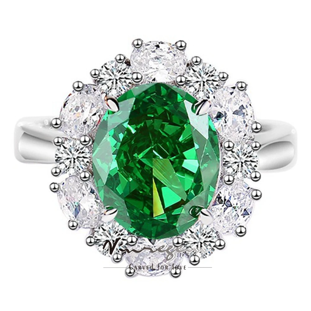 

Vinregem 9*11MM Oval Emerald Padparadscha High Carbon Diamond Gemstone Cocktail Party Ring 100% 925 Sterling Silver Fine Jewelry