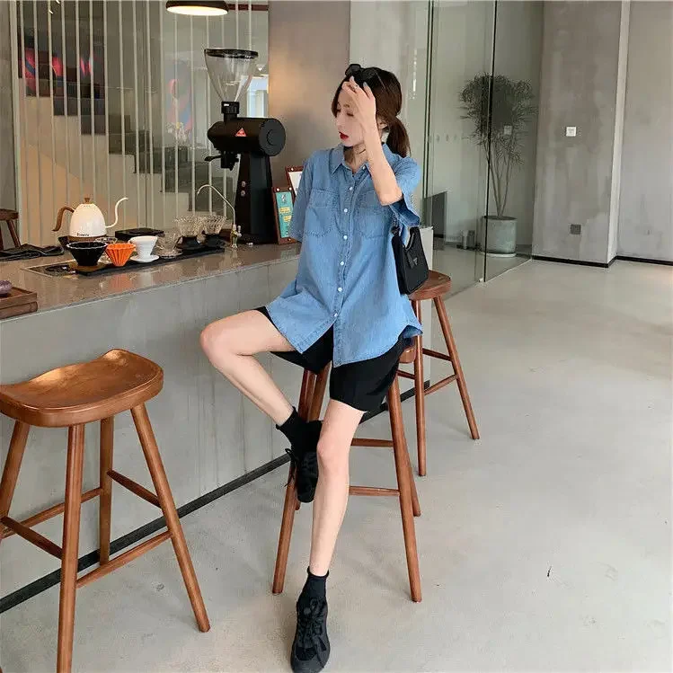 Women Blouse Summer Loose Single Olo Collar Short-Sleeved Denim Shirt Top for Women Blusas Ropa De Mujer