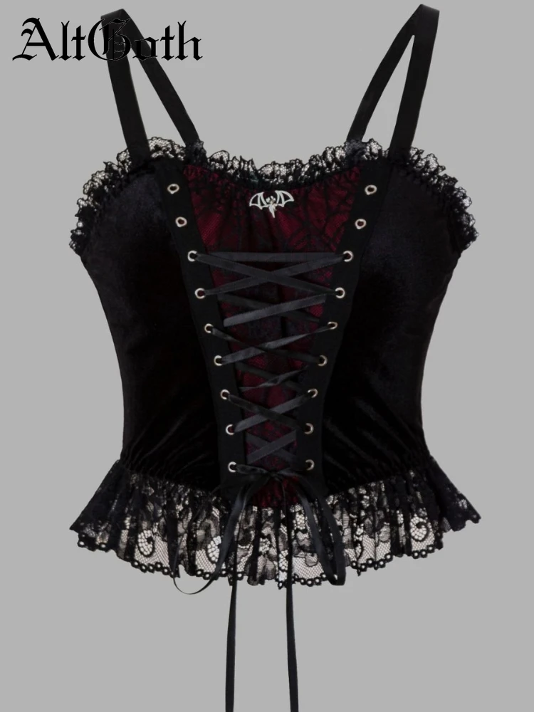 

AltGoth Mall Gothic Dark Velvet Camisole Women Halloween Vintage Streetwear Lace Patchwork Bandage Corset Crop Tank Tops Female