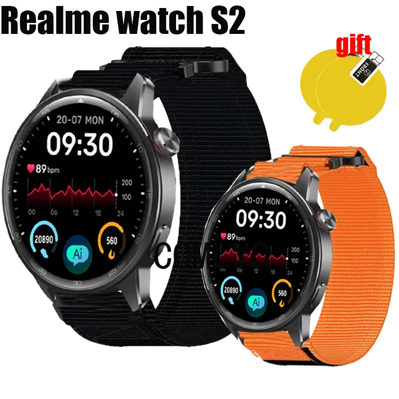Realme için izle S2 Kayış Izle Naylon Kanvas Spor yumuşak Bant Kadın erkek Açık Kemer Ekran koruyucu film
