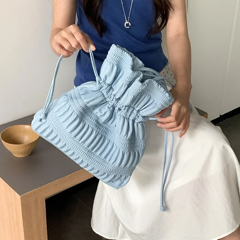 Summer New Style Drawstring Pleated Single Shoulder Bag Designer Soft PU Leather Fashionable Versatile Korean Bucket Bag 2026