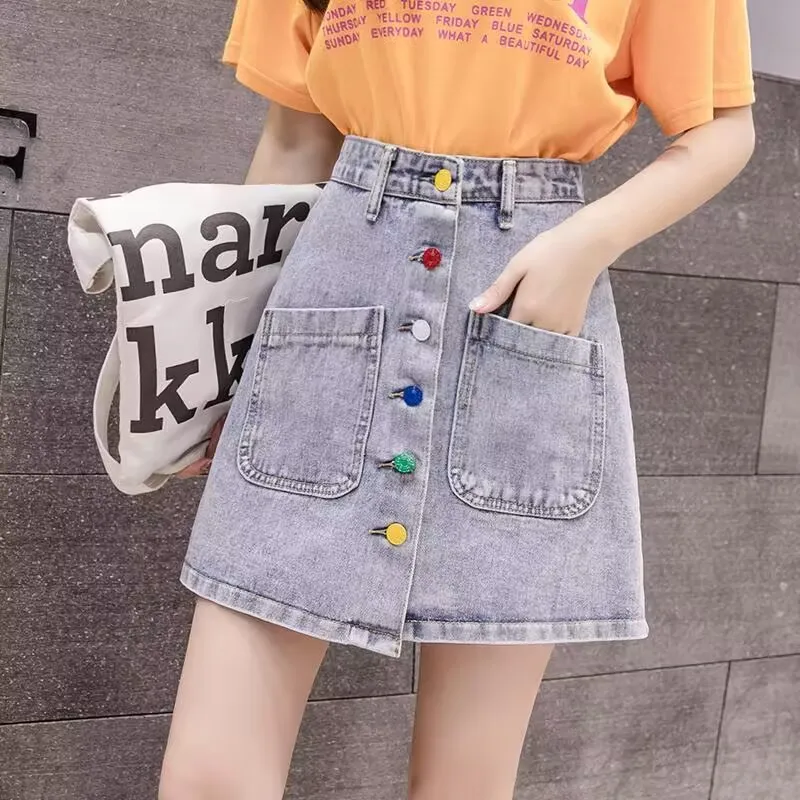 

2025 High Waist A-line Denim Shorts New Spring Summer Women Package Hip Skirt Student Korean Style Fashion Button Pleated Skirt