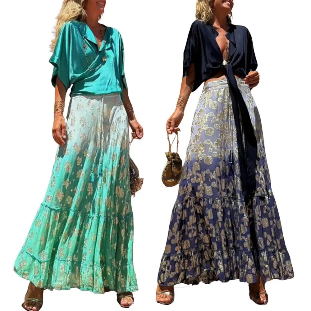 Women Maxi Skirt Elastic Waist Bright Leaf Print Long Skirt Ruffled Stitching Full Hem A-Line Casual Holiday Style Skirt