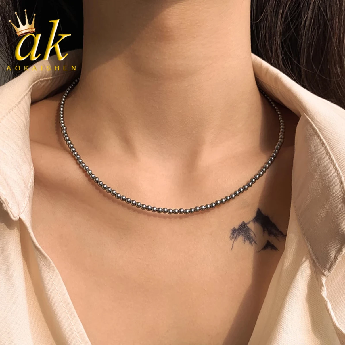 Aokaishen Dark Gray Pearl Necklace Female Collarbone Chain Extremely Thin Neck Chain Niche Sweater Chain High-end jewelry