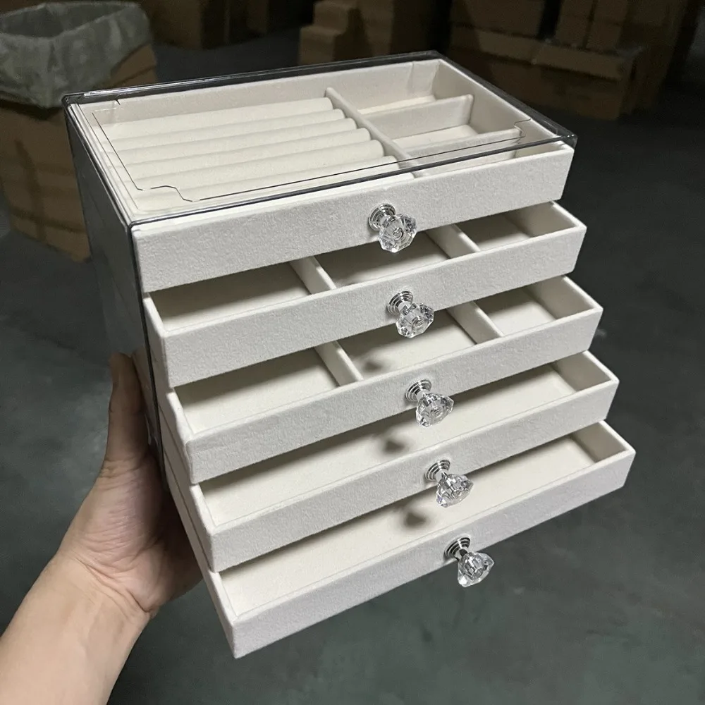 Baru tempat penyimpanan perhiasan dapat diatur 5 lapis laci anting akrilik Organizer Stackable beludru nampan jelas Stand Holder Tray