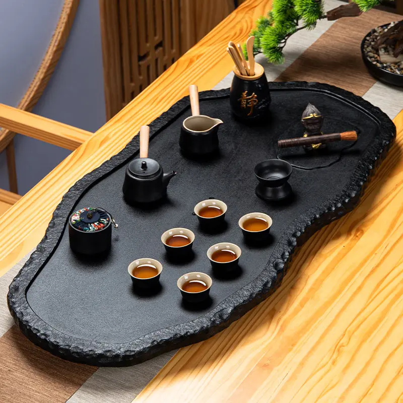 Irregular light luxury natural stone large, medium and small tea table household black gold rough stone full-page drainage tea t