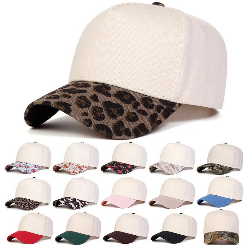 Custom Logo Leopard Print Brim Baseball Cap Women Men Splicing Color Block Trucker Hat Adjustable Outdoor Sun Hat
