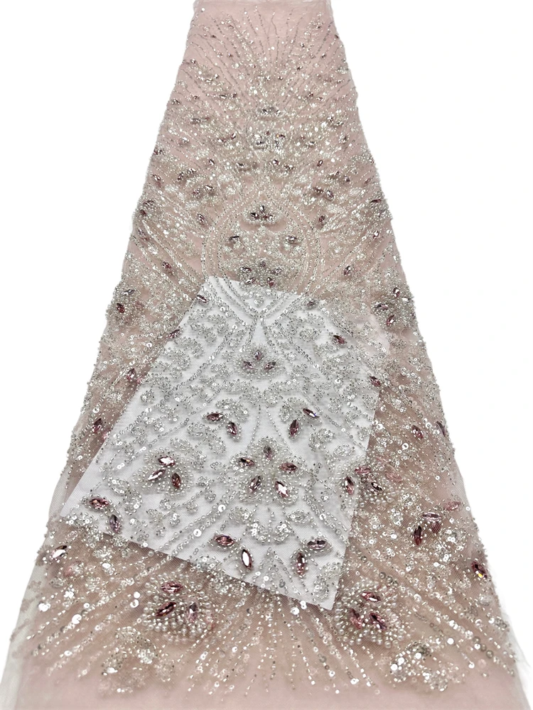 High Grade Shiny Sequins Tulle Lace Fabric with Tube Beads Sequins Embroidery French Net Lace for Party Wedding