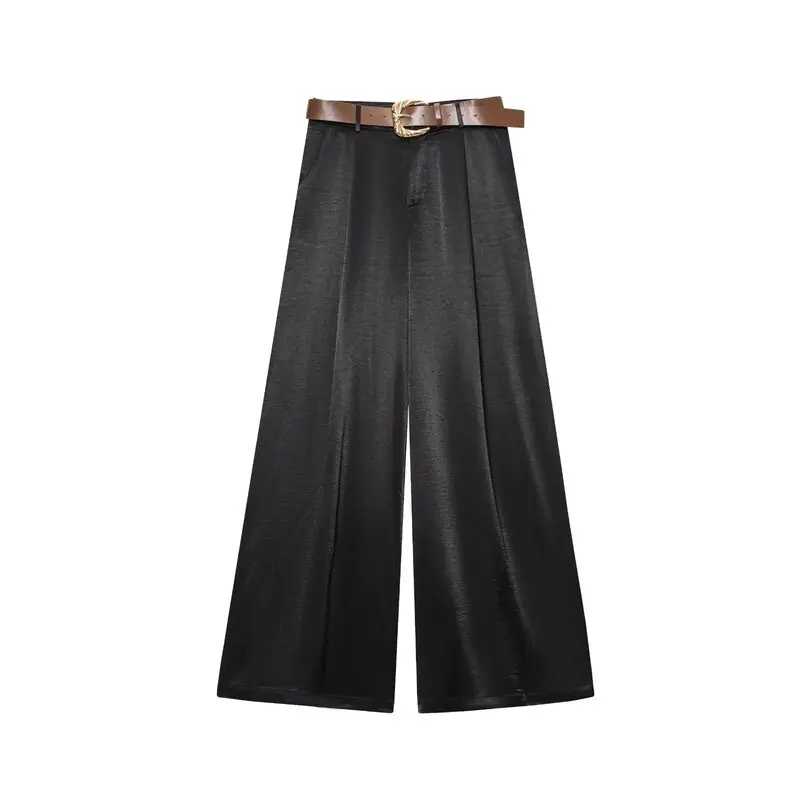 Spring 2025 Women's Silk Satin Wide Leg Casual Trousers with Belt High Waist Long Pants Commute Sle New Arrival