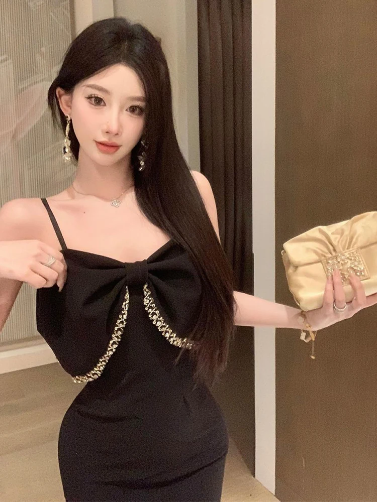 우아한 럭셔리 블랙 슬링 패션 맥시 드레스 여성용 리본 바디콘 머메이드 이브닝 파티 프롬 가운 로브 베스티도 여성 정장 신상