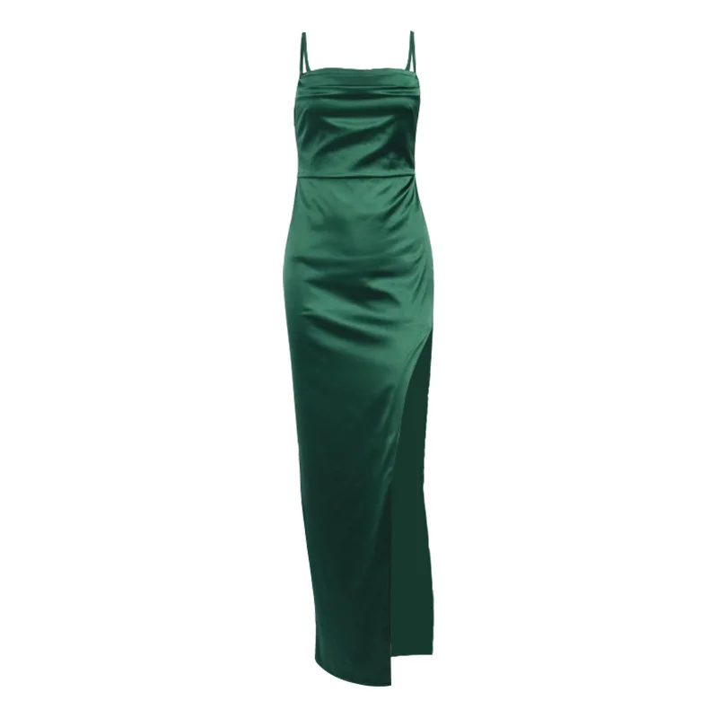 Women's Satin Green High Slit Long Dress Asymmetric Hem Cocktail Clubwear Elegant Dresses for Evening Party