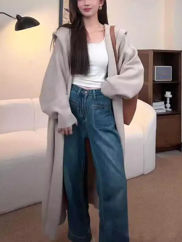 

Женская одежда, длинный стильный вязаный кардиган с капюшоном, осенне-зимнее новое модное пальто выше колена